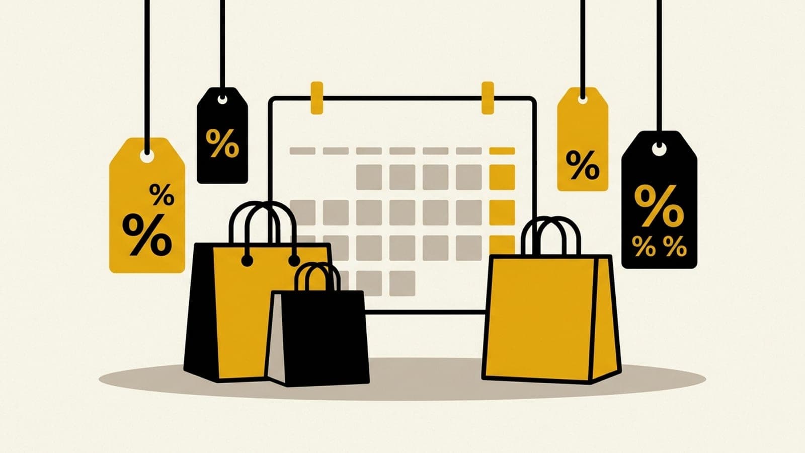 Bolsas de compras y etiquetas de descuento frente a un calendario