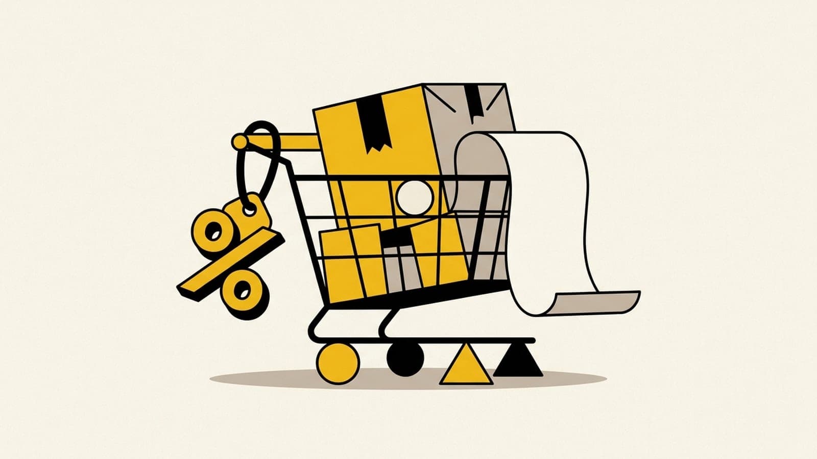 Carrito de compras con una caja y un recibo largo con un símbolo de porcentaje