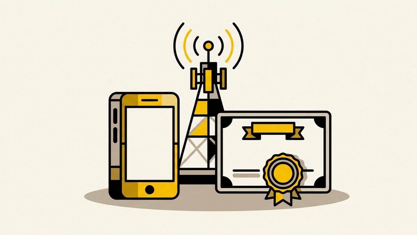 Celular junto a un certificado con sello y una antena al fondo