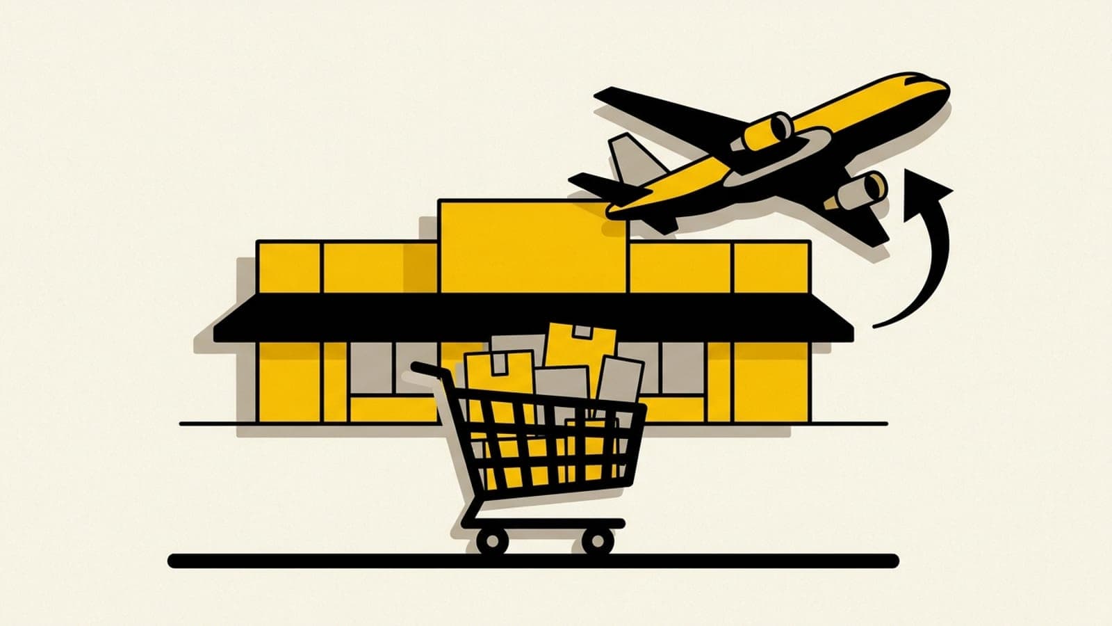 Fachada de una gran tienda con un carrito lleno y un avión de carga despegando