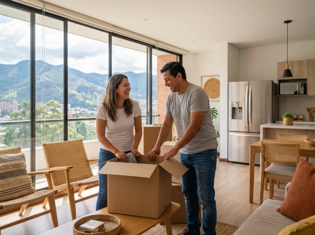 Pareja desempacando su mudanza en un apartamento en Medellín