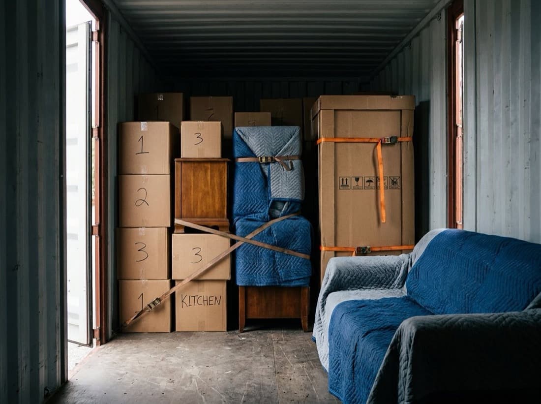 Contenedor de 20 pies cargado con cajas numeradas, muebles protegidos y una nevera